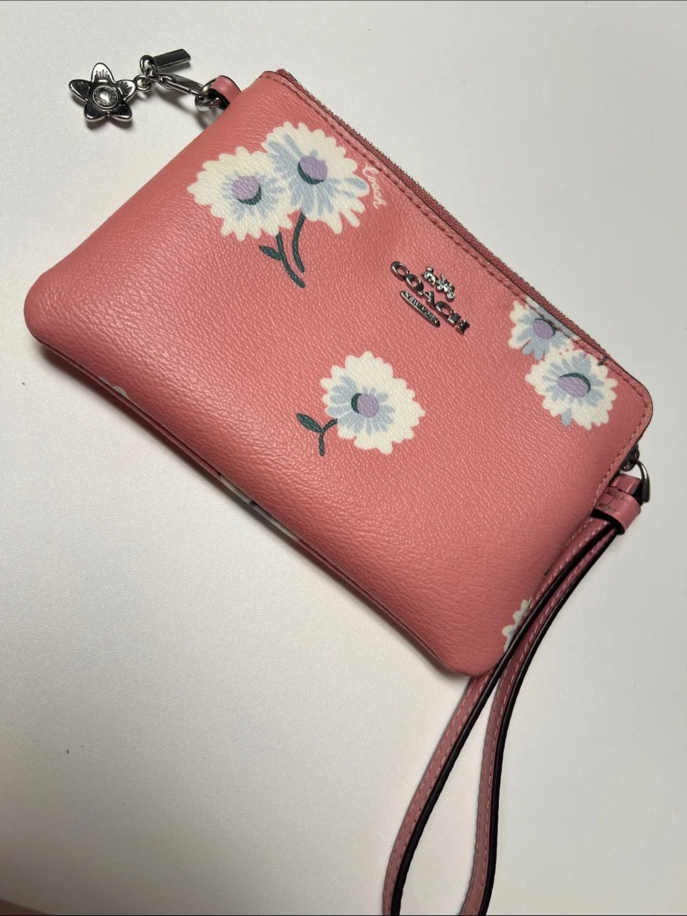 Coach Coral Pink Floral Wristlet with Silver Charm